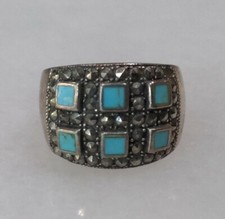 Vintage Sterling Silver 925 Turquoise Marcasite Wide Band Ring C107