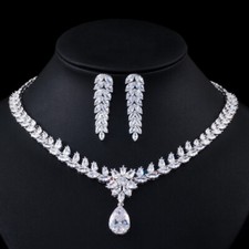 CZ Leaf Flower Drop Necklace Earrings Bridal Wedding Cubic Zirconia Jewelry Set