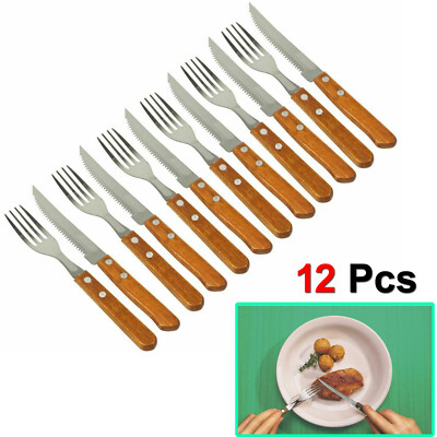 12-teiliges Edelstahl Steakmesser & Gabeln 6 Sets Holz Scharf Messer Besteck Set