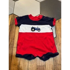 Vintage Small Steps Baby Tractor Romper Blue Red White Farm Theme Summer Outfit