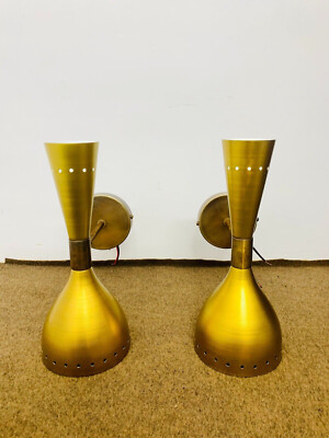Antique 1950's Mid Century Set of Two Brass Italian Diabolo Wall Sconce Light
