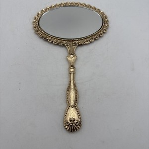 Vintage Hand Held Metal Double Sided Mirror Gold Tone