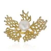 Cavill Damenring Sterlingsilber Vergoldet Mit 10Mm SüßWasserperle Blatt