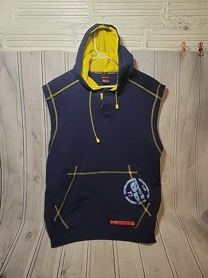 Bugle Boy Sleeveless Hoodie Men Size Med Navy Yellow Muscle Gym Vintage Comfort