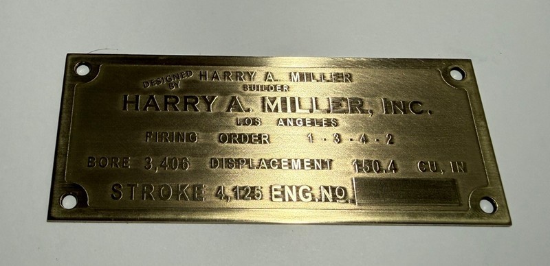 Harry A. Miller Brass Plate, 4" X 1-5/8" X  .04" Reproduction,  Your Number