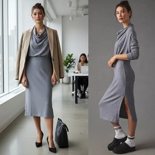 Anthropologie Daily Practice Gray Arabella Drapey Midi Dress Academia Size XS 