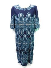 WHBM Size 8 Dark Blue Leaf Print Midi Dress Short Sleeve Stretch Knit Lined