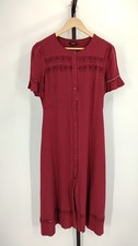 Quince Lightweight Crepe Lace Inset Midi Dress Maroon Basic Sleeved M