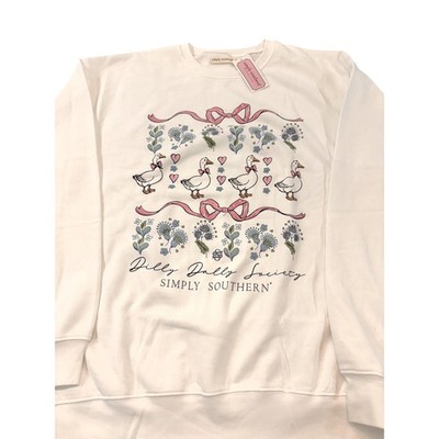 New Simply Southern Dilly Dally Society Duck Goose Bow Sweatshirt White M-L