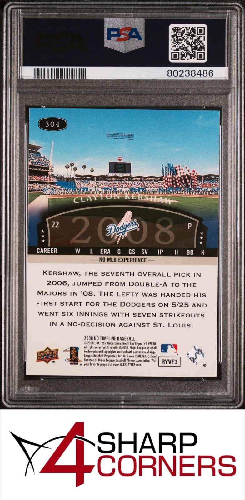 2008 UPPER DECK TIMELINE #304 CLAYTON KERSHAW RC TIMELESS TEAMS DESIGN PSA 9 view 2