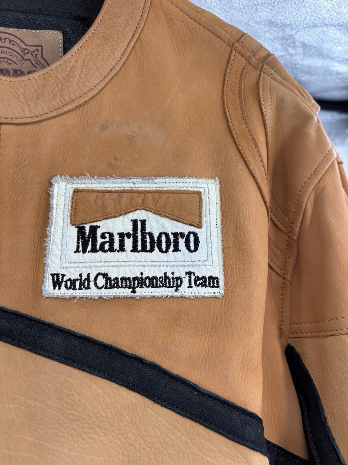 Vintage Marlboro Racing Leather Jacket Men’s 2XL Tan Moto Biker Genuine Leather image 5
