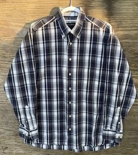 Bullock Jones Button Shirt Mens L Blue Plaid Cotton Canvas Cotton USA Made EUC