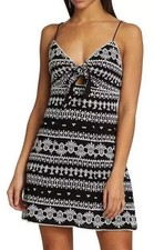 NWT- Alice + Olivia 'Roe' Embroidered Tie-Front Mini-Dress, Black/Off-White - 12