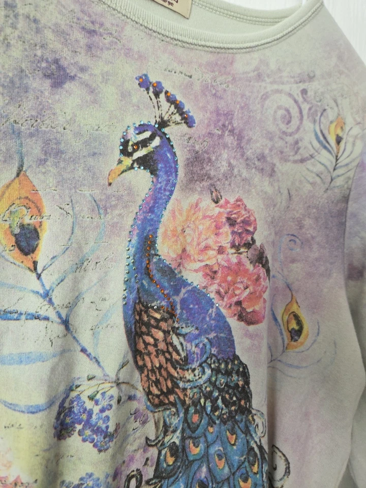Top Cactus Mujer L/XL Arte Pavo Real Para Usar Manga 3/4 Floral Azul Púrpura Algodón Foto 4 de 4