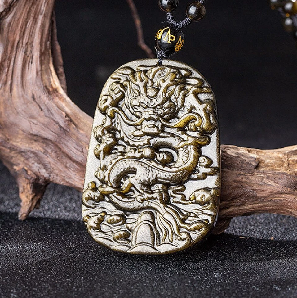 Collar dragón obsidiana oro piedras preciosas naturales colgante amuleto con cadena de cuentas Foto 4 de 4