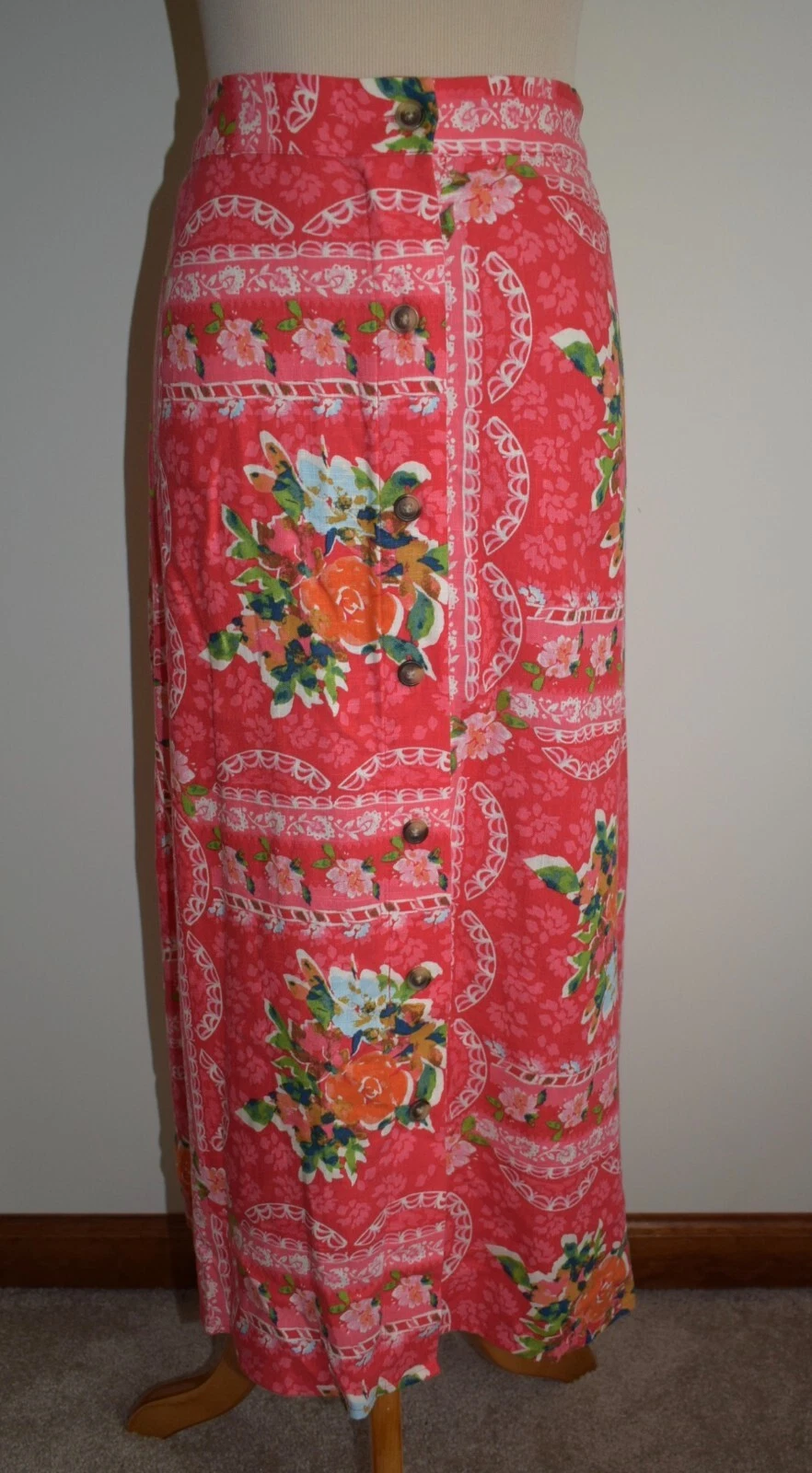 New Womens LC Lauren Conrad Skirt 2X Red Floral Button A-Line Midi Linen Blend