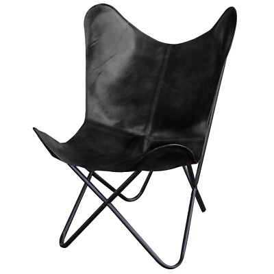 Genuine Leather Butterfly Chair Retro BKF Style Lounge Seat Metal Frame Black