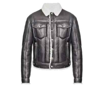 Herren Lederjacke B3 Bomber Kunstfell Lammfell Schwarz Lederjacke Mantel