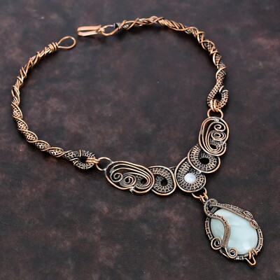 Aquamarine Wire Wrapped Chain Necklace Handcrafted Copper Gift Jewelry 18.0''