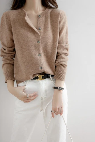 Cárdigan suéter simple de mezcla de cachemir para mujer color liso cuello redondo chaqueta abrigo - Imagen 14 de 37