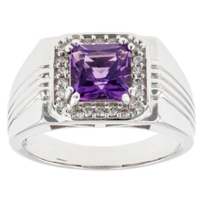 1.67 Ctw Created Amethyst & Diamond 14K White Gold Over Wedding Halo Men's Ring - Image 1 of 4