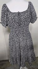 Cute Black & White Floral Short Dress, Short Sleeve, Smocked At Waist, Size L