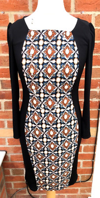 M&S Size 12 Black Tan Pattern Dress Evening Summer Wedding Stretchy Excellent S8