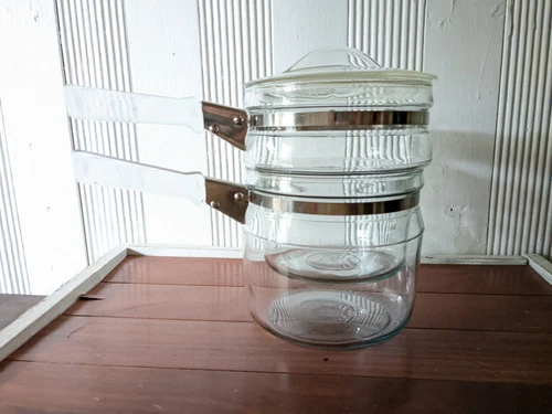 Vintage Pyrex Flameware Glass Double Broiler #6763  L  & #6763 U  with Lid