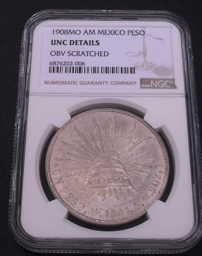 1908 MO AM Mexico Peso , NGC Unc. details ,  nice silver coin     #1691, #51-19