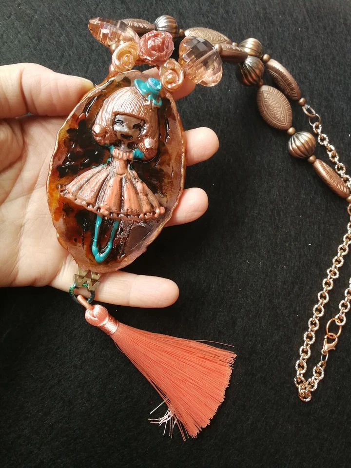 Black Doll Jewelry Necklace Pendant Princess Pearl Crystal Stone Amulet Talisman - Image 3 of 4