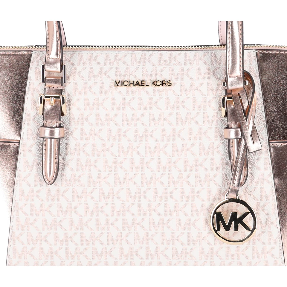 Bolso de Mano Michael Kors Charlotte Grande Firma Logo Metálico Top Cremallera Oro Rosa Foto 2 de 4
