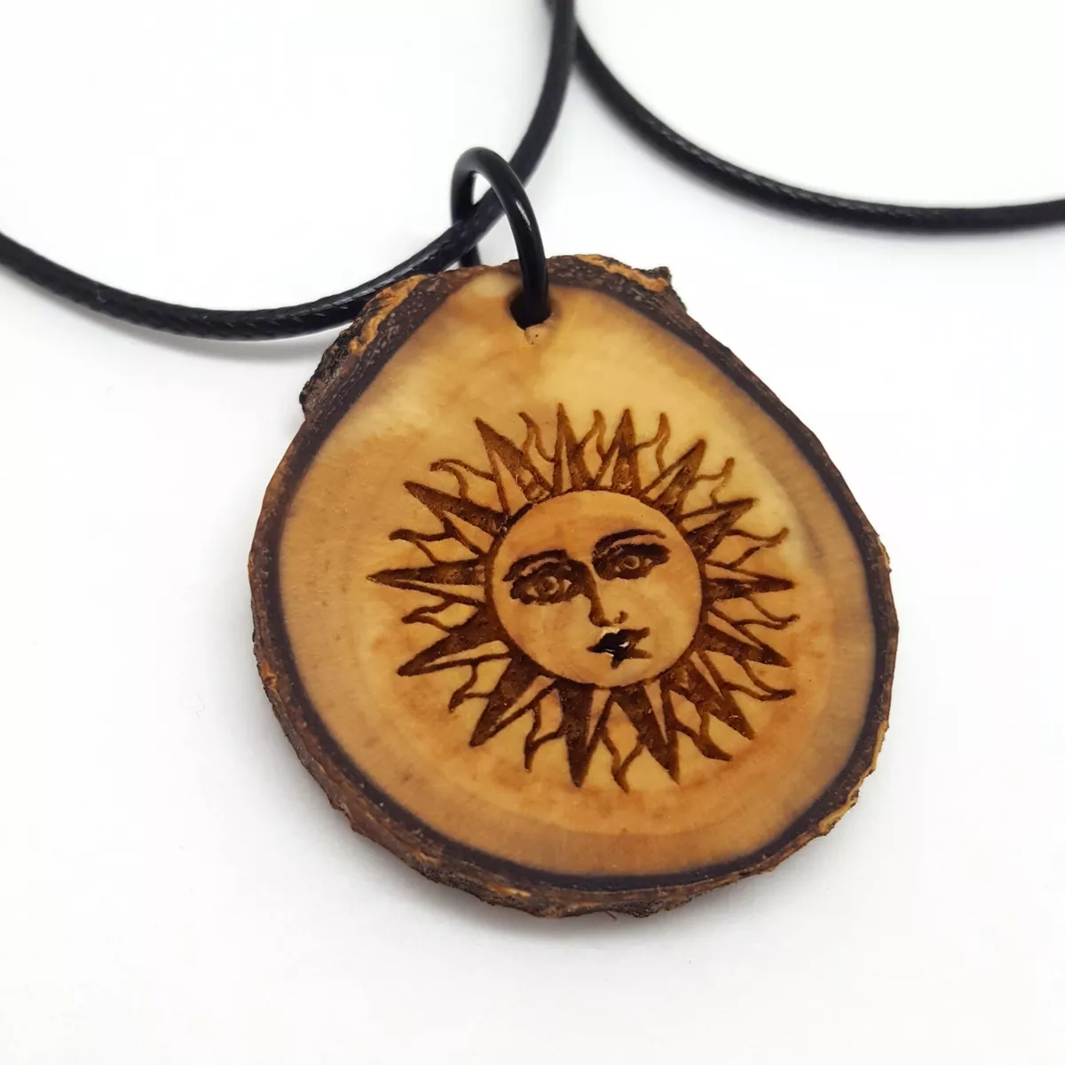 Sun Face Wooden Pendant Necklace Celestial Natural Wood Round