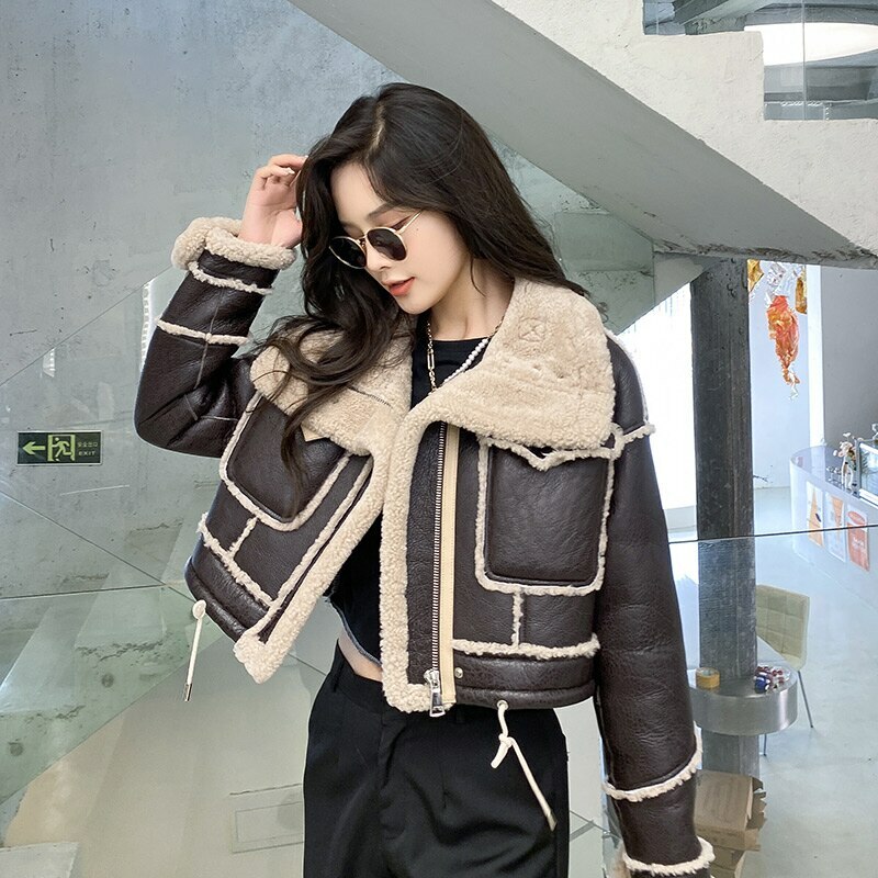 Women Real Lamb Fur Jackets Winter Shearling Coats Crop Leather