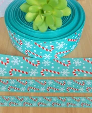 5/8, 7/8 & 1.5” (1 YD) Candy Cane Christmas Grosgrain Ribbon Snowflake Wreath