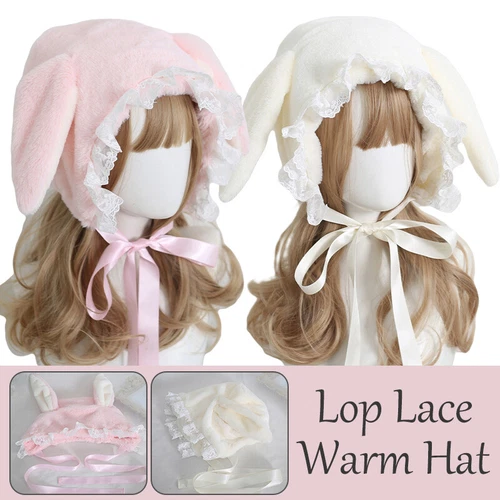 Gorra de conejo japonesa dulce orejas caídas encaje lolita orejeras gorra comodín sombreros esponjosos - Imagen 1 de 14