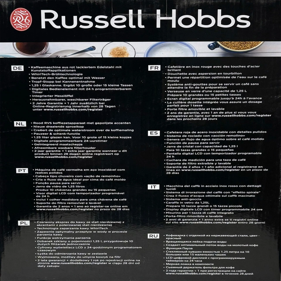 Russell Hobbs 24031-56 Colour Plus+ Flame Red Digitale Glas-Kaffeemaschine rot - Bild 4 von 4