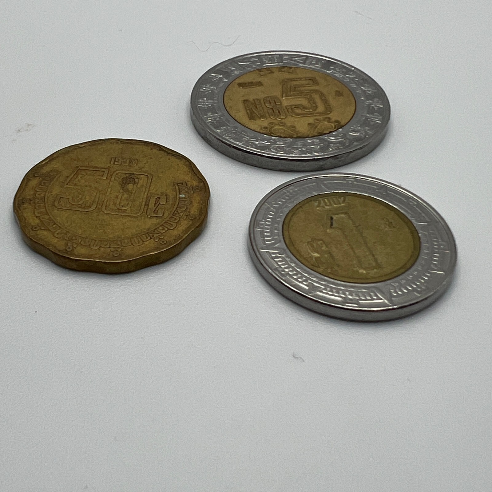 Vintage Mexican Coins Lot of Three 50 cents 1 Peso and 5 Peso 1993 1994