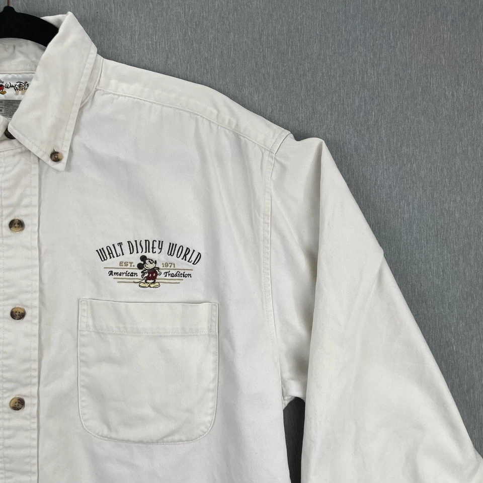 Camisa con botones WALT DISNEY WORLD para hombre mediana blanca Mickey manga larga Foto 4 de 4