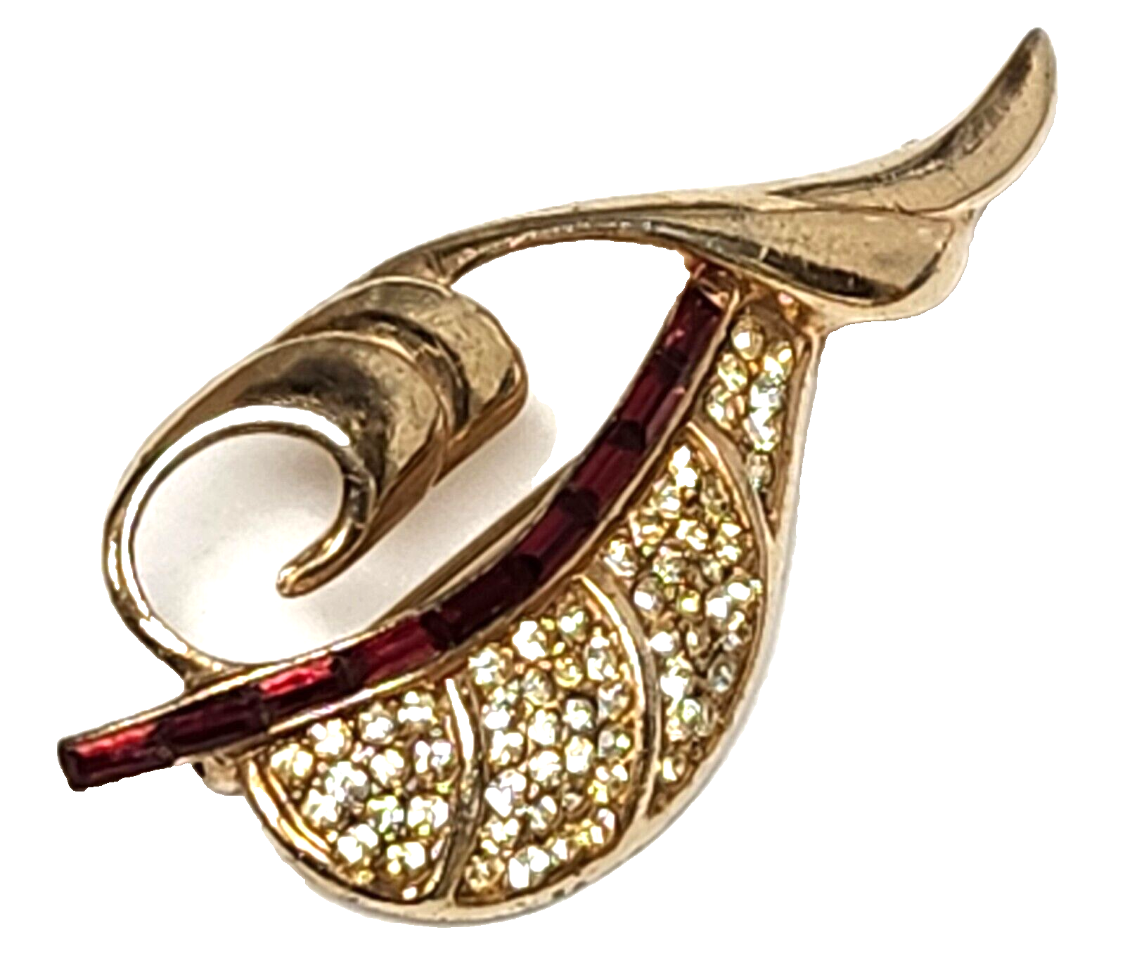 1940's Castlemark (Castlecliff) Red Baguette & Pave Set Rhinestone Leaf