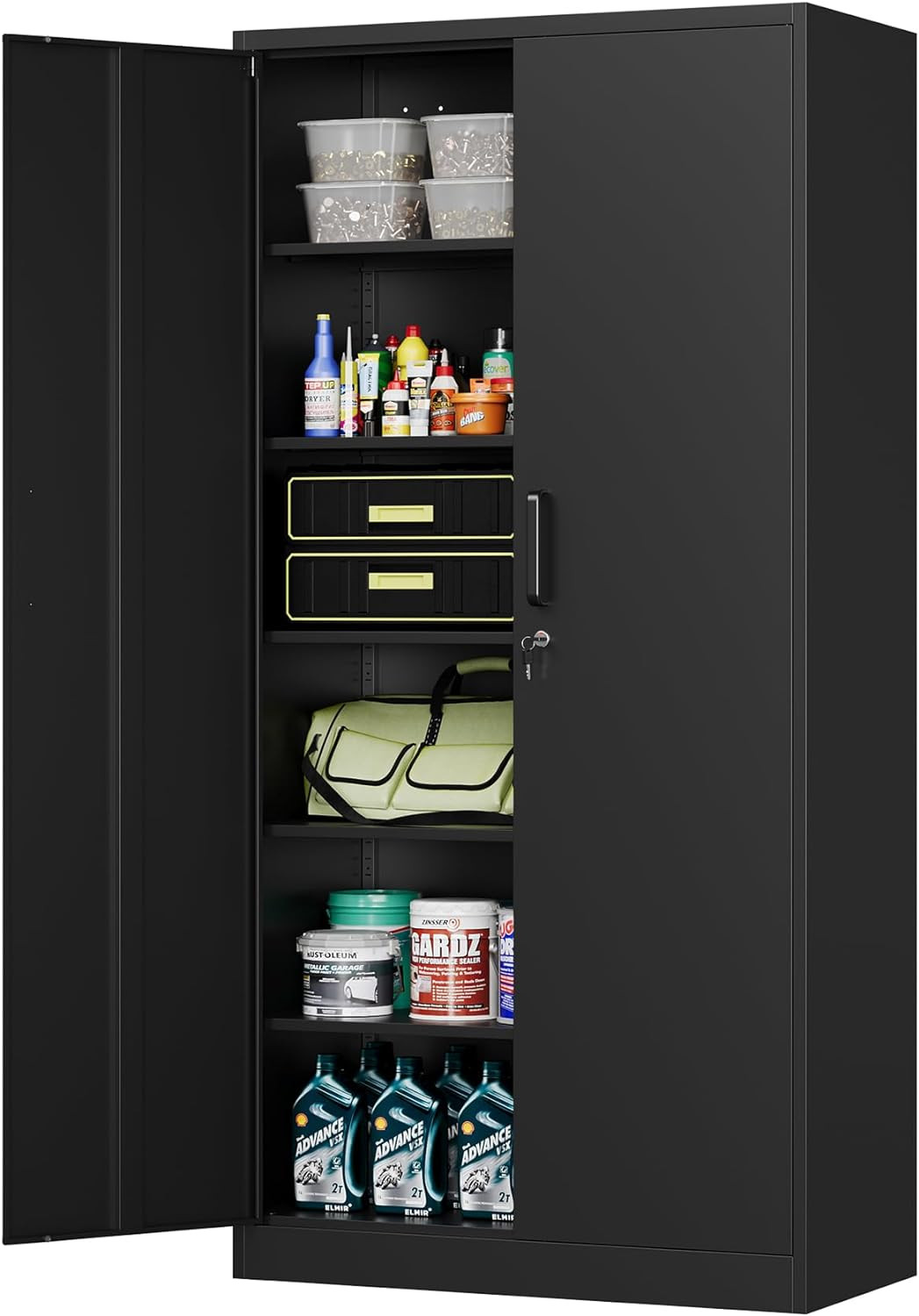 Black Garage Storage Cabinet with Doors and 5 Shelves, 72" Tall Steel Cabinet To