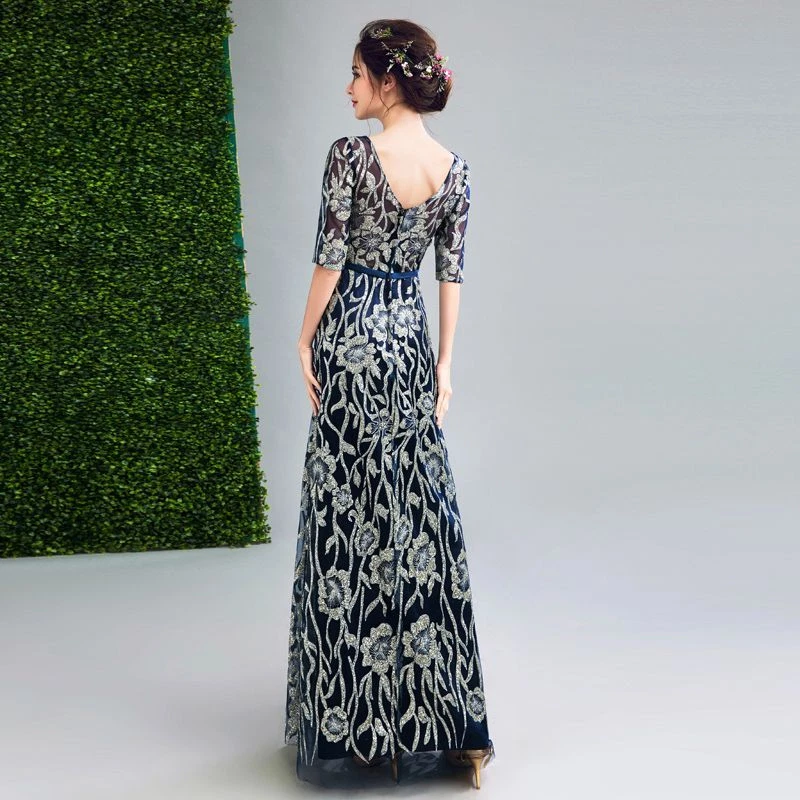 Женщин Sexy хозяин вечеринки платье DK синий рукав O шеи пола длины платье невесты - Изображение 3 из 4