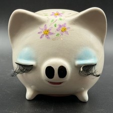 Vintage LG Ceramic Piggy Bank w/ Eyelashes Floral Pink Pig Coin Bank