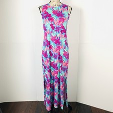 Lands End Women Maxi Dress XS 100% Cotton Tropical Side Slits Pockets Sleeveless