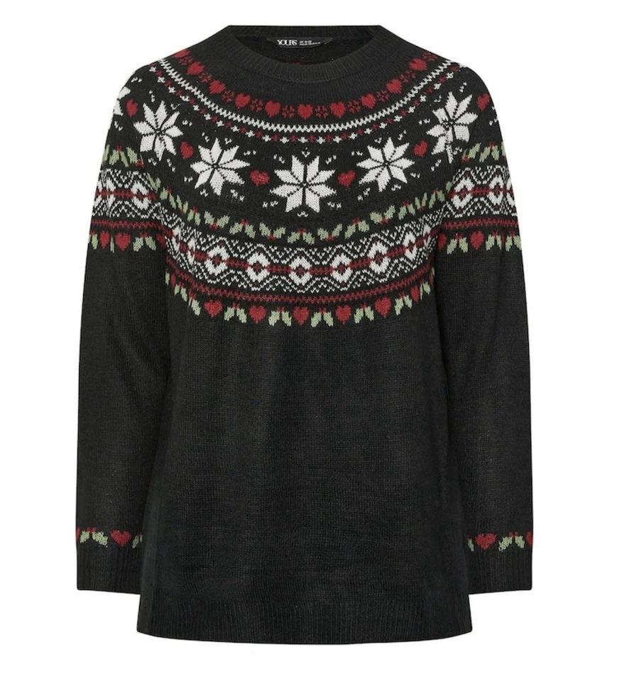 Ex Yours Curve Black Fairisle Long Sleeve Christmas Jumper Plus Sizes 14-36 - Image 2 of 4