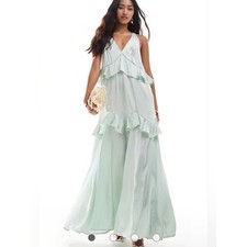 ASOS Design Mint Satin Maxi Dress With Ruffled Tiers And Tie Back