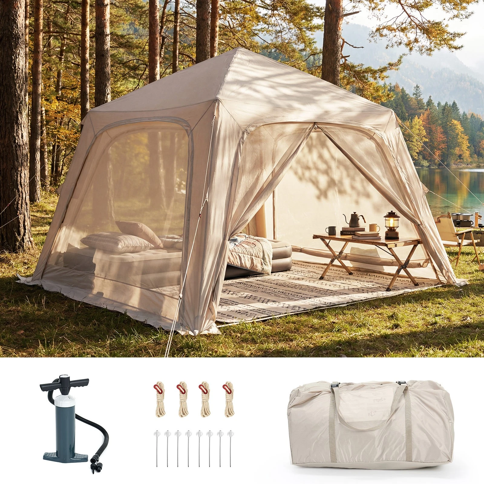 Inflatable 4-6 Person Camping Tent: Waterproof Oxford with Hand Pump, Easy Setup