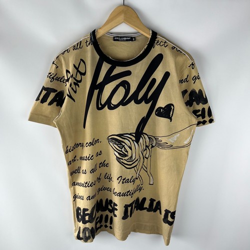 Dolce & Gabbana Mens T Shirt Size M Beige Italy Graffiti Script Print Tee