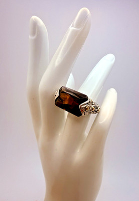 John Hardy Sterling 18K Batu Sari Large Rectangle Cognac Quartz Ring  Sz 6.5