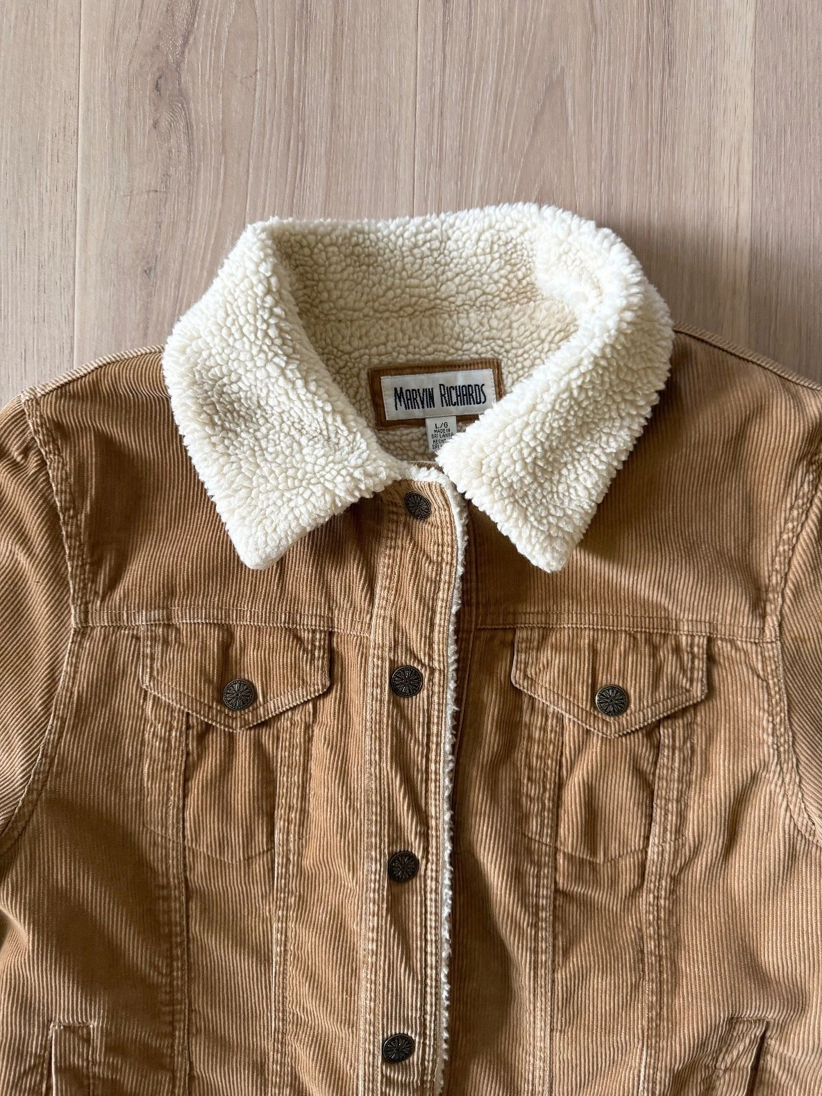 Vintage 90s Marvin Richards Corduroy Sherpa Lined Trucker Jacket Tan Unisex L - product detail image 2
