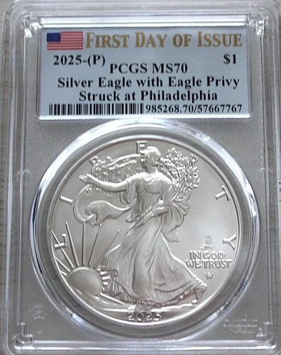 2025-(P) $1 AMERICAN SILVER EAGLE WITH EAGLE PRIVY PCGS MS70 1oz SILVER FDOI